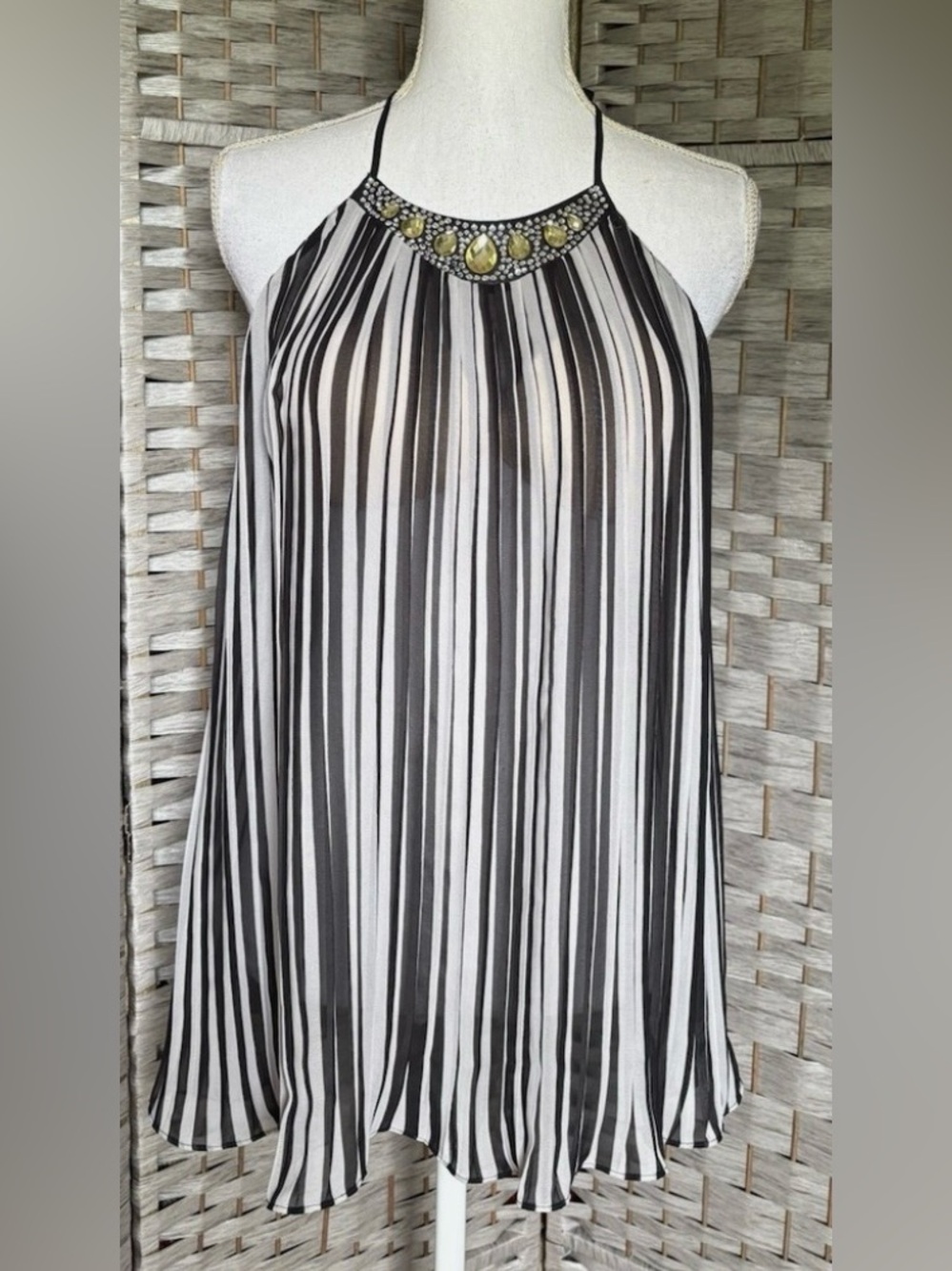 Victoria Secret Black and Ivory Striped Halter Top featuring a Jeweled Neckline.